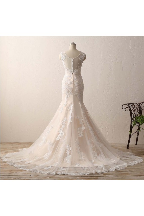 Sleeveless V-neck Mermaid Ivory Lace Over Champagne Wedding Dresses with Sweep Train