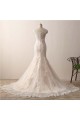 Sleeveless V-neck Mermaid Ivory Lace Over Champagne Wedding Dresses with Sweep Train