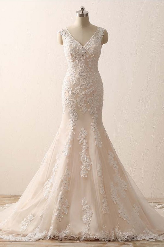 Sleeveless V-neck Mermaid Ivory Lace Over Champagne Wedding Dresses with Sweep Train