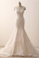 Sleeveless V-neck Mermaid Ivory Lace Over Champagne Wedding Dresses with Sweep Train