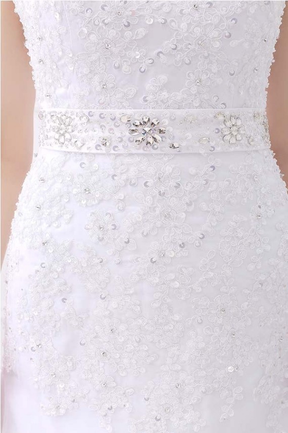 White Jewel Sleeveless Mermaid Lace Wedding Dresses With Belt