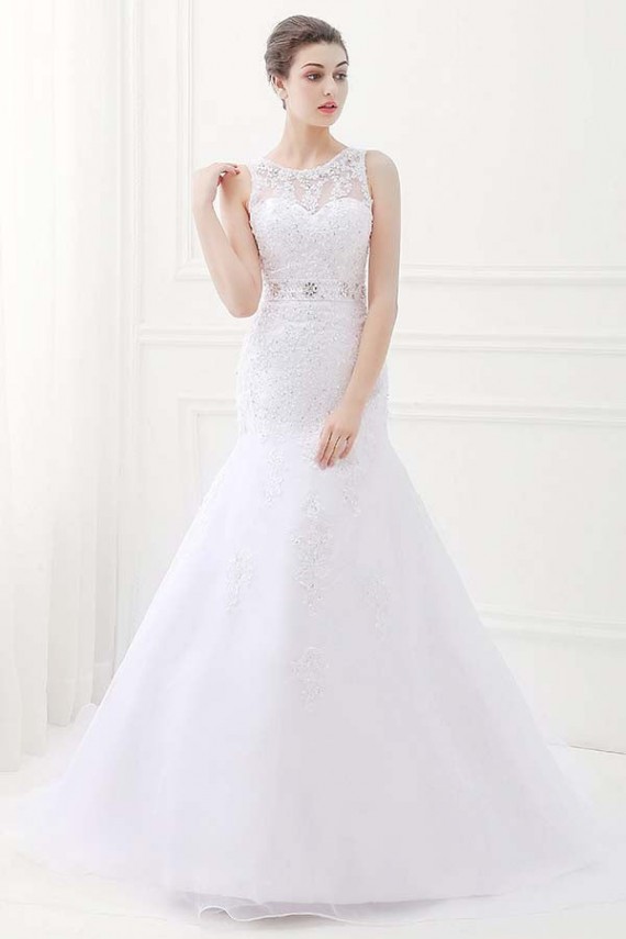 White Jewel Sleeveless Mermaid Lace Wedding Dresses With Belt
