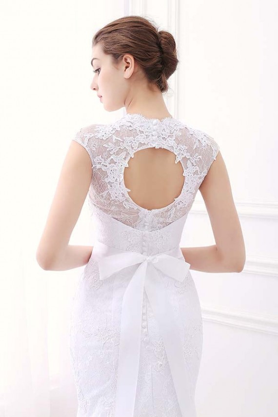 White Mermaid Lace V-Neck Cap Sleeves Wedding Dresses With Belt