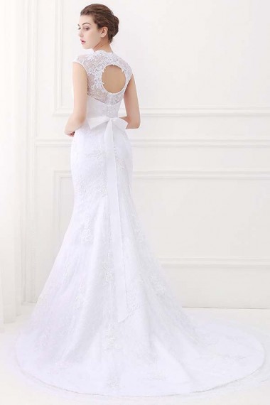 White Mermaid Lace V-Neck Cap Sleeves Wedding Dresses With Belt