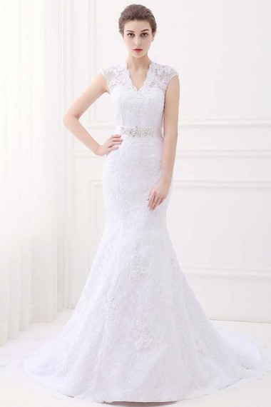 White Mermaid Lace V-Neck Cap Sleeves Wedding Dresses With Belt