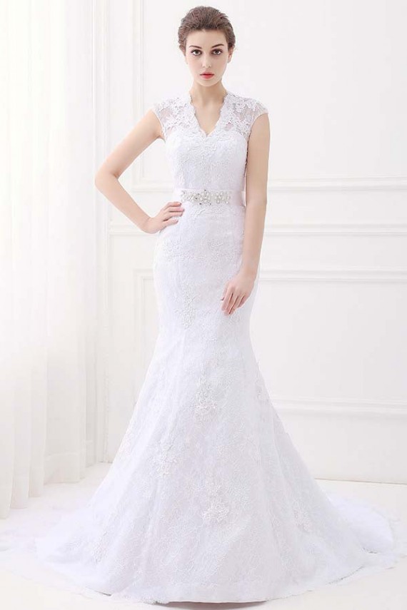 White Mermaid Lace V-Neck Cap Sleeves Wedding Dresses With Belt