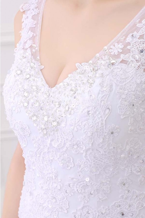 White V-Neck Sleeveless Mermaid Lace Beaded Rhinestones Wedding Dresses
