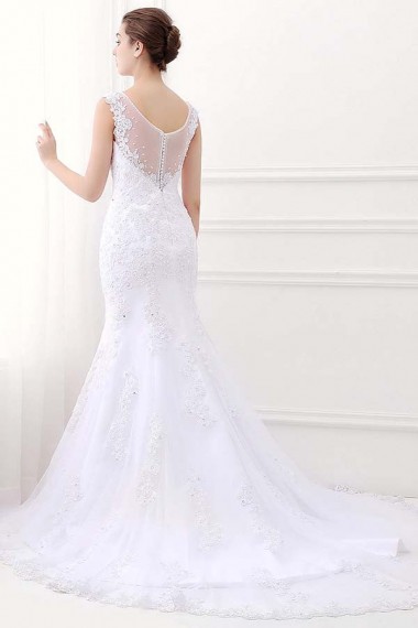 White V-Neck Sleeveless Mermaid Lace Beaded Rhinestones Wedding Dresses