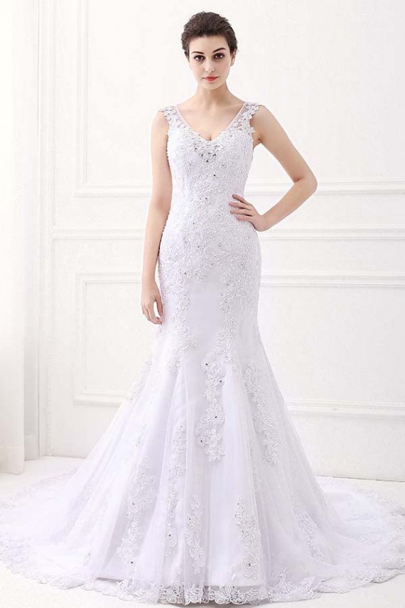 White V-Neck Sleeveless Mermaid Lace Beaded Rhinestones Wedding Dresses