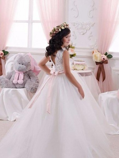 Ivory Ball Gown Bateau Chapel Train Sleeveless Flower Girl Dress