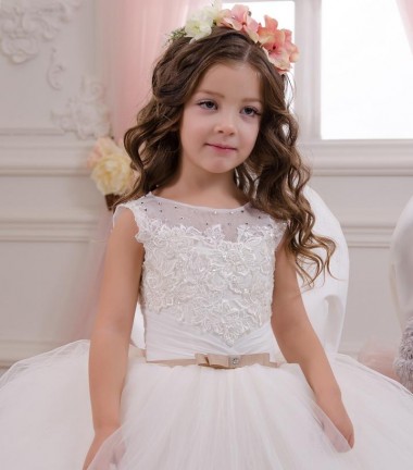 Ivory Ball Gown Bateau Neck Chapel Train Sleeveless Flower Girl Dress