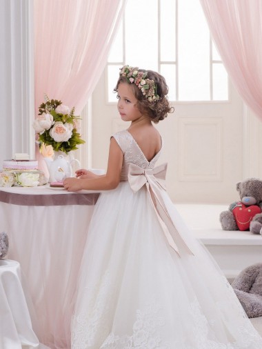 Ivory Ball Gown Bateau Neck Chapel Train V-Back Flower Girl Dress