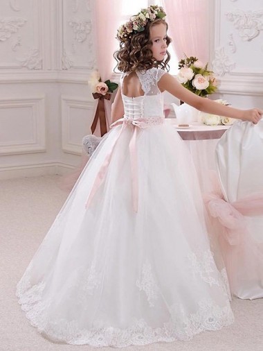 Ivory Ball Gown High Neck Floor Length Keyhole Back Flower Girl Dress