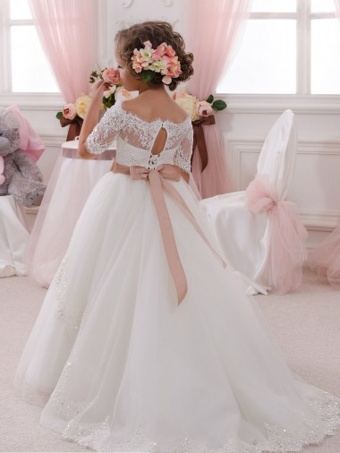 Ivory Ball Gown High Neck Floor Length Short Sleeve Flower Girl Dress