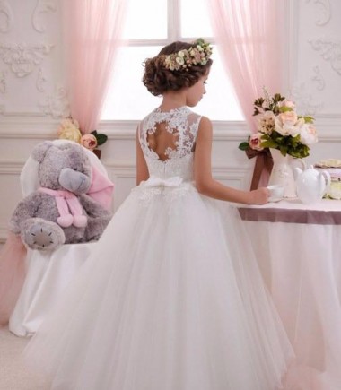 Ivory Ball Gown High Neck Floor Length Sleeveless Flower Girl Dress