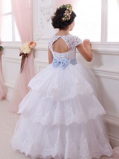 Ivory Ball Gown Sweetheart Chapel Train Cap Sleeve Flower Girl Dress