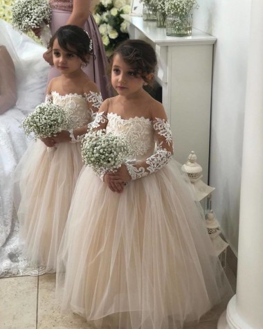 Ivory Ball Gown Sweetheart Chapel Train Long Sleeve Flower Girl Dress