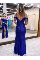 Royal Blue Sheath Cold Shoulder Sleeveless Long Floor Length Velvet Sequin Prom Dress
