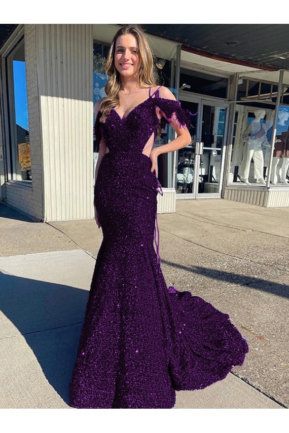 Plum Purple Sheath Cold Shoulder Sleeveless Long Court Train Velvet Sequin Prom Dress