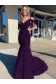 Plum Purple Sheath Cold Shoulder Sleeveless Long Court Train Velvet Sequin Prom Dress