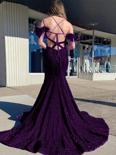 Plum Purple Sheath Cold Shoulder Sleeveless Long Court Train Velvet Sequin Prom Dress