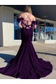 Plum Purple Sheath Cold Shoulder Sleeveless Long Court Train Velvet Sequin Prom Dress