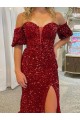 Red Sheath Off the Shoulder Short Sleeves Long Court Train Velvet Sequin Prom Dress
