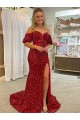 Red Sheath Off the Shoulder Short Sleeves Long Court Train Velvet Sequin Prom Dress