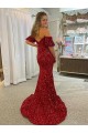 Red Sheath Off the Shoulder Short Sleeves Long Court Train Velvet Sequin Prom Dress