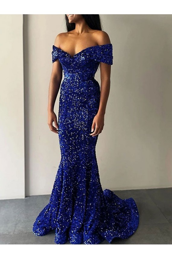 Royal Blue Mermaid Off the Shoulder Sleeveless Long Sweep Train Velvet Sequin Prom Dress