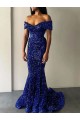 Royal Blue Mermaid Off the Shoulder Sleeveless Long Sweep Train Velvet Sequin Prom Dress