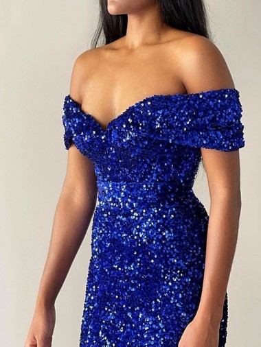 Royal Blue Mermaid Off the Shoulder Sleeveless Long Sweep Train Velvet Sequin Prom Dress