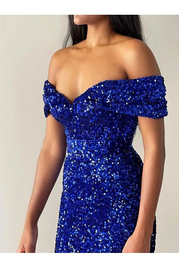 Royal Blue Mermaid Off the Shoulder Sleeveless Long Sweep Train Velvet Sequin Prom Dress