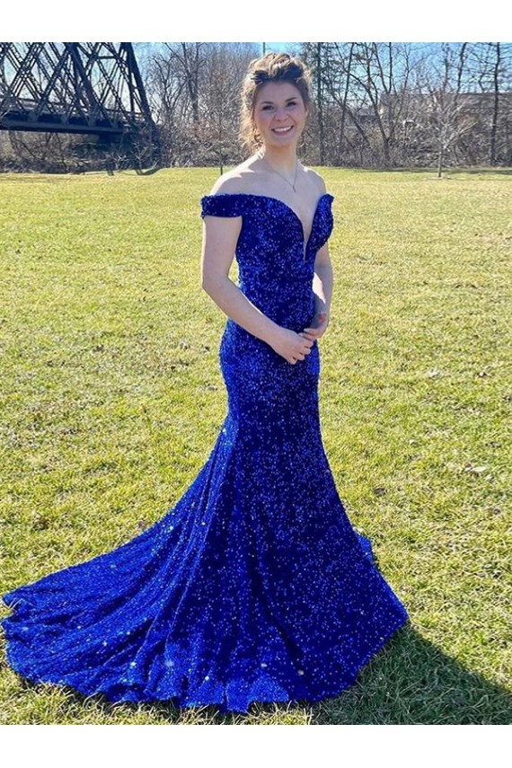 Royal Blue Sheath Off the Shoulder Sleeveless Long Sweep Train Velvet Sequin Prom Dress