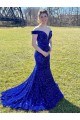 Royal Blue Sheath Off the Shoulder Sleeveless Long Sweep Train Velvet Sequin Prom Dress