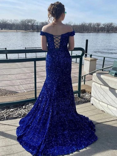 Royal Blue Sheath Off the Shoulder Sleeveless Long Sweep Train Velvet Sequin Prom Dress