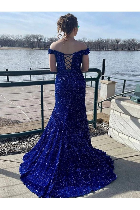 Royal Blue Sheath Off the Shoulder Sleeveless Long Sweep Train Velvet Sequin Prom Dress