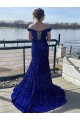 Royal Blue Sheath Off the Shoulder Sleeveless Long Sweep Train Velvet Sequin Prom Dress