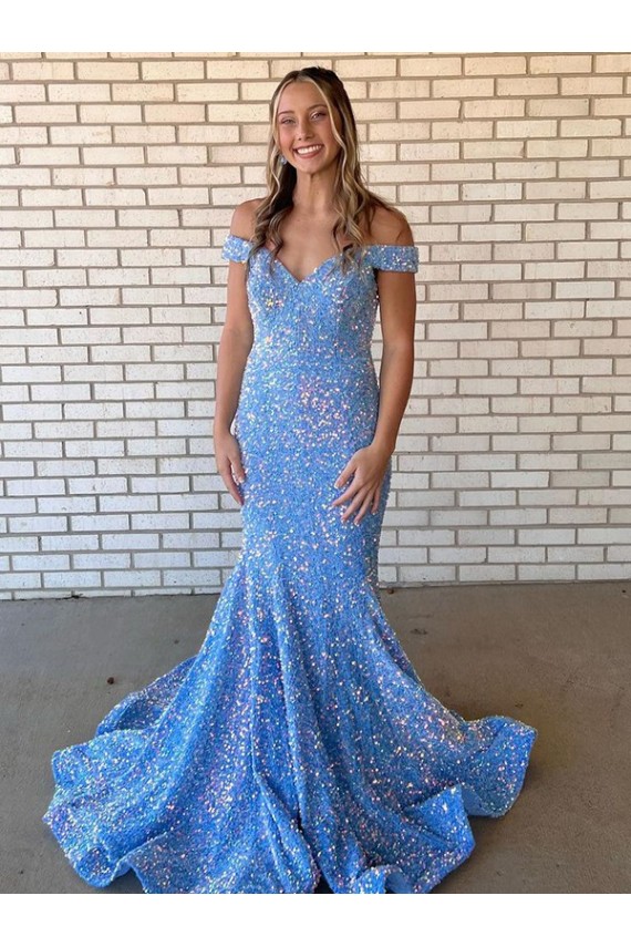 Periwinkle Mermaid Off the Shoulder Sleeveless Long Floor Length Velvet Sequin Prom Dress