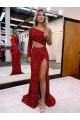 Burgundy Mermaid One Shoulder Long Sleeves Long Sweep Train Velvet Sequin Prom Dress