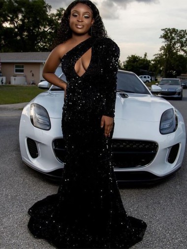 Black Sheath One Shoulder Long Sleeves Long Sweep Train Velvet Sequin Prom Dress