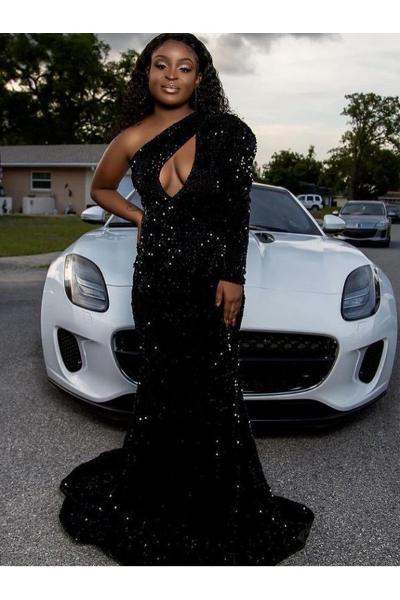 Black Sheath One Shoulder Long Sleeves Long Sweep Train Velvet Sequin Prom Dress