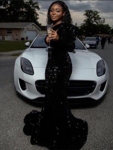 Black Sheath One Shoulder Long Sleeves Long Sweep Train Velvet Sequin Prom Dress