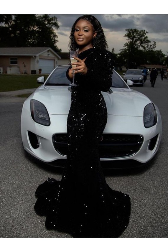 Black Sheath One Shoulder Long Sleeves Long Sweep Train Velvet Sequin Prom Dress