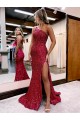 Burgundy Mermaid One Shoulder Sleeveless Long Sweep Train Velvet Sequin Prom Dress