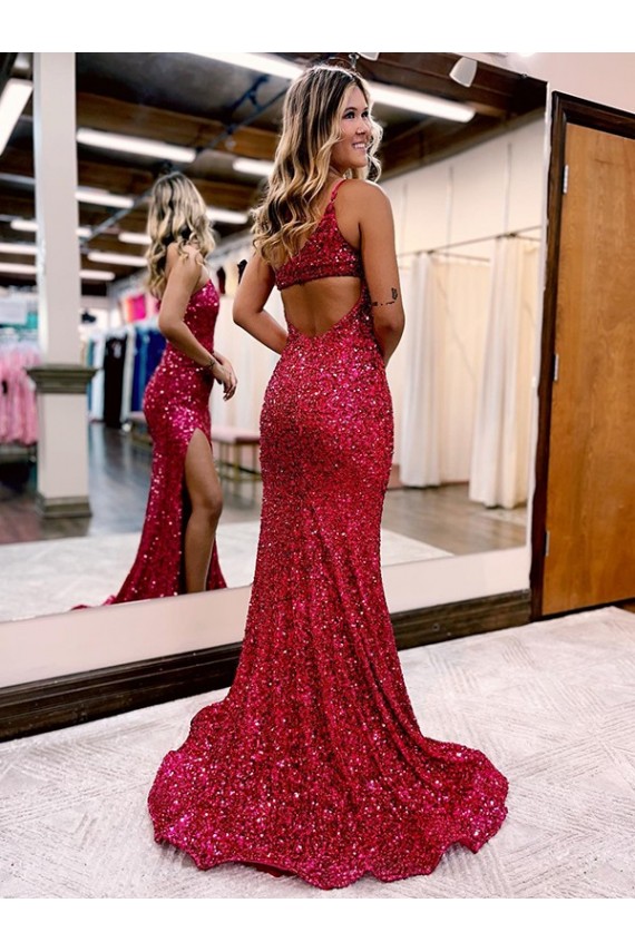Burgundy Mermaid One Shoulder Sleeveless Long Sweep Train Velvet Sequin Prom Dress