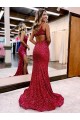 Burgundy Mermaid One Shoulder Sleeveless Long Sweep Train Velvet Sequin Prom Dress