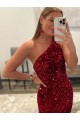 Pink Sheath One Shoulder Sleeveless Long Sweep Train Velvet Sequin Prom Dress