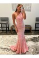 Pink Sheath One Shoulder Sleeveless Long Sweep Train Velvet Sequin Prom Dress