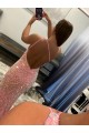 Pink Sheath One Shoulder Sleeveless Long Sweep Train Velvet Sequin Prom Dress